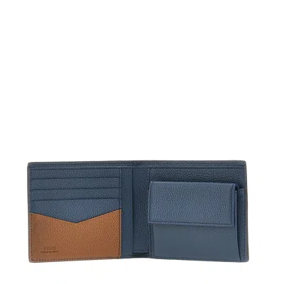 Fendi Lui Bi-fold Wallet In Blue Leather And Sellier Finish In Brown