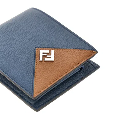 Fendi Lui Bi-fold Wallet In Blue Leather And Sellier Finish In Brown