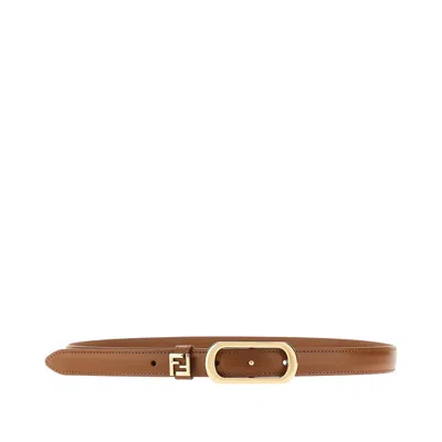 Fendi Ff Leather Slim Belt In Brown
