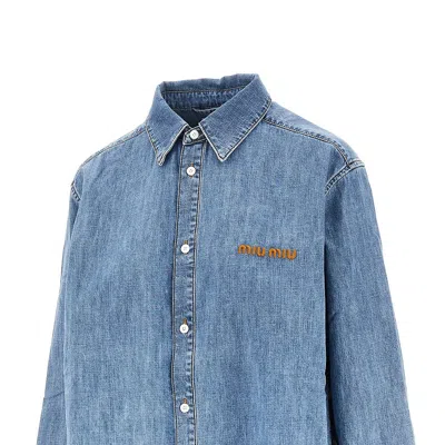 Miu Miu Logo Embroidery Chambray Denim Shirt In Blue
