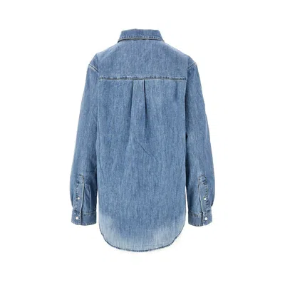 Miu Miu Logo Embroidery Chambray Denim Shirt In Blue
