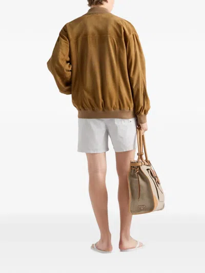 Prada Suede Blouson Jacket In Blue