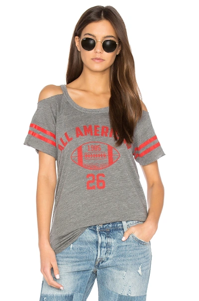 Chaser Striped Sleeve Cold Shoulder Tee In Streaky Grey