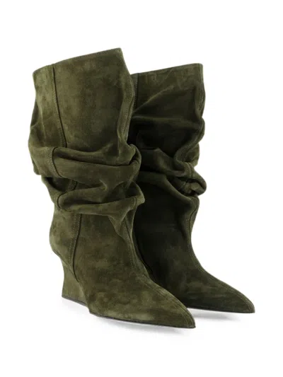 Balmain Slouch Wedge Boots In Green