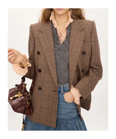 Chloé Double-breasted Tailored Jacket In Check Wool In Brown