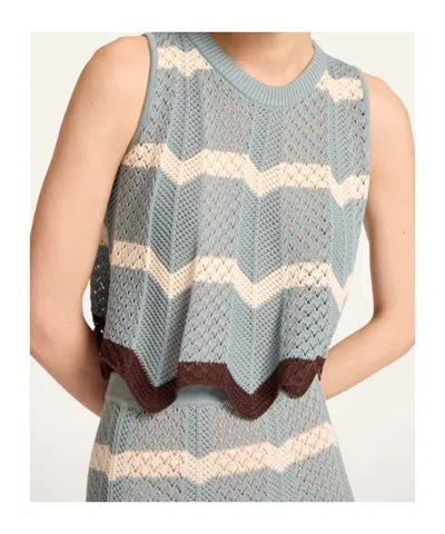 La Doublej Scalloped Striped Pointelle-knit Cotton Tank In Blue