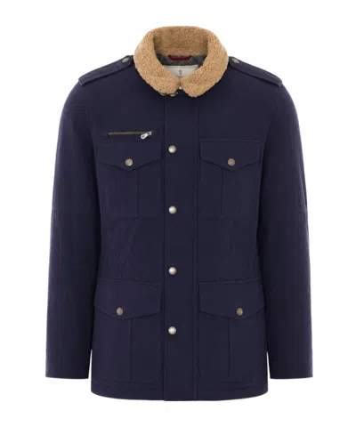 Brunello Cucinelli Shearling-collar Multi-pocket Jacket In Blue