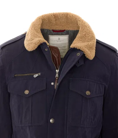 Brunello Cucinelli Shearling-collar Multi-pocket Jacket In Blue