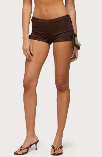 Edikted Jilly Side Cutout Micro Shorts In Brown