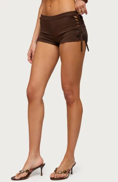 Edikted Jilly Side Cutout Micro Shorts In Brown