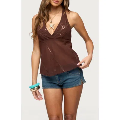 Edikted Lani Sequin Bead Chiffon Halter Top In Brown