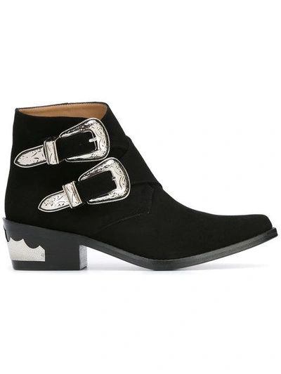 Shop Toga Double Buckle Suede Boots In Black