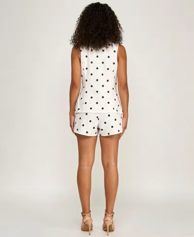 Pear Culture Juniors' Polka Dot Tailored Button-front Romper In Multi
