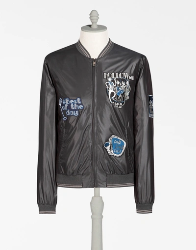 Shop Dolce & Gabbana Nylon Bomber Jacket With Front Patch In Gris