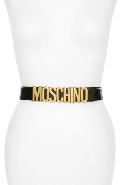 Shop Moschino Logo Plate Leather Belt In Black/ Gold Metal