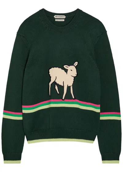 Jw Anderson Sheep Embroidered Striped Cotton Sweater In Green