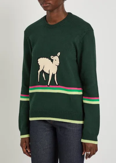 Jw Anderson Sheep Embroidered Striped Cotton Sweater In Green