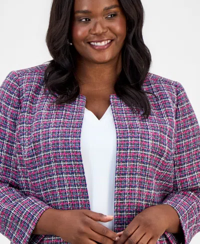 Kasper Plus Size Collarless Open-front Tweed Jacket In Pink