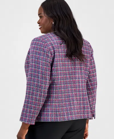 Kasper Plus Size Collarless Open-front Tweed Jacket In Pink