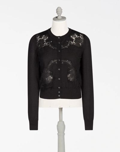 Shop Dolce & Gabbana Knit Cardigan With Encrusted Lace Insets In Black