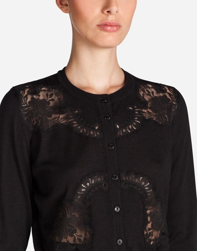 Shop Dolce & Gabbana Knit Cardigan With Encrusted Lace Insets In Black