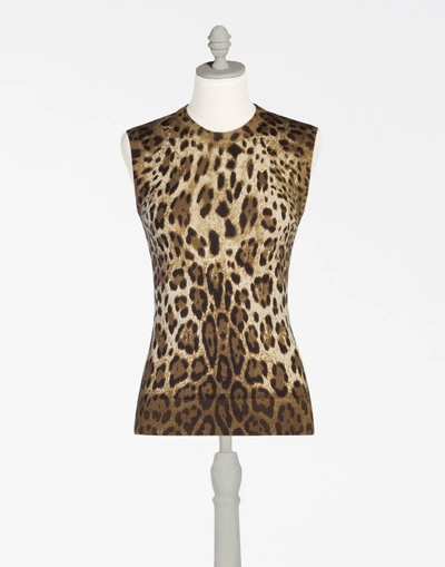 Dolce & Gabbana Sleeveless Printed Cashmere Crew Neck In Leopard