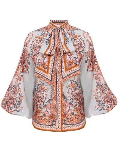 Zimmermann Paisley Floral Pure Silk Blouse With Self-tie Neck Detail In White