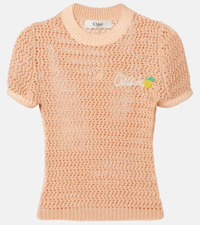 Chloé Chloe Logo-intarsia Open-knit Cotton T-shirt In Orange