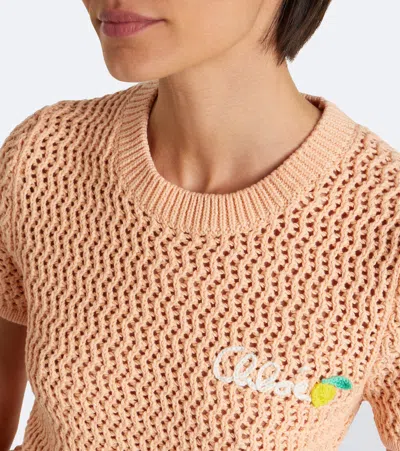 Chloé Chloe Logo-intarsia Open-knit Cotton T-shirt In Orange