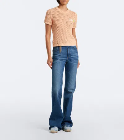 Chloé Chloe Logo-intarsia Open-knit Cotton T-shirt In Orange