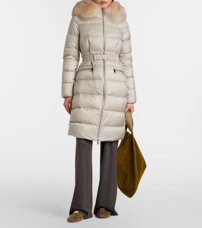 Moncler Boedic Hooded Shearling-trimmed Long Down Jacket In Brown