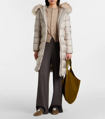 Moncler Boedic Hooded Shearling-trimmed Long Down Jacket In Brown