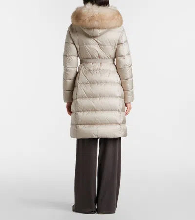 Moncler Boedic Hooded Shearling-trimmed Long Down Jacket In Brown