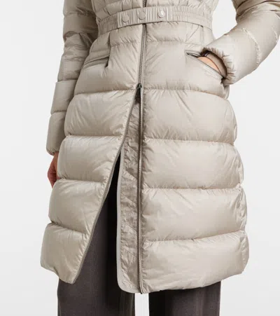 Moncler Boedic Hooded Shearling-trimmed Long Down Jacket In Brown