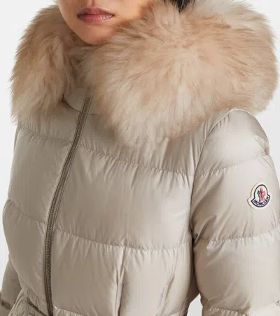 Moncler Boedic Hooded Shearling-trimmed Long Down Jacket In Brown