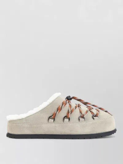 Prada Shearling Lined Mules Rubber Sole Triangle In Gray