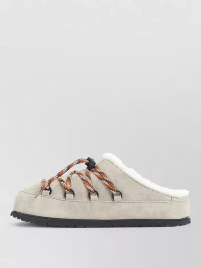 Prada Shearling Lined Mules Rubber Sole Triangle In Gray