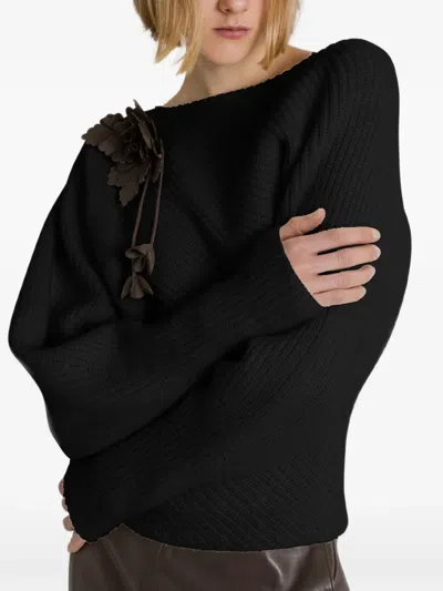 Alberta Ferretti Gerippter Strickpullover Mit Blumenapplikation In Black
