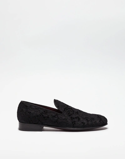 Shop Dolce & Gabbana Lace Covered Velvet Slippers In Black