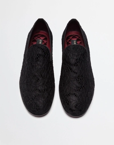 Shop Dolce & Gabbana Lace Covered Velvet Slippers In Black