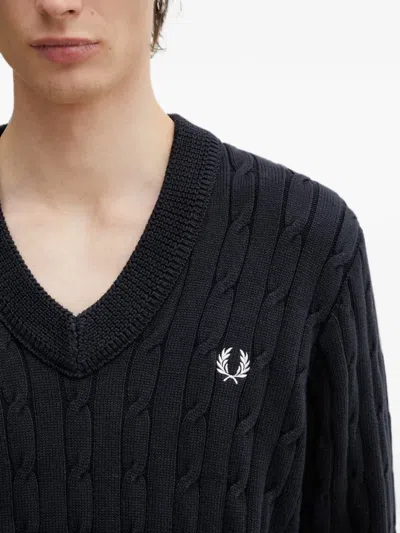 Fred Perry Cable-knit V-neck Sweater In Black