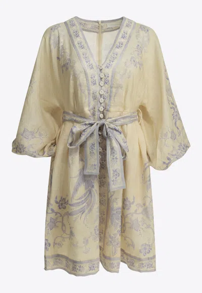Zimmermann Womens Indra Plunge Linen Mini Dress Cream Lilac Floral In White