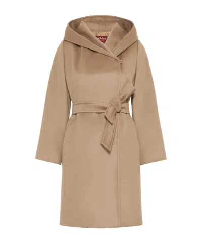 Max Mara Studio Double-drap Virgin Wool Belted Jacket With Side Welt Pockets In Brown