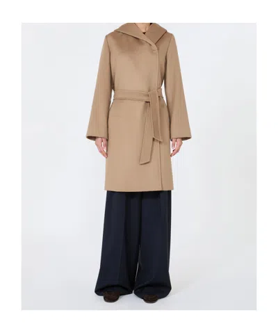 Max Mara Studio Double-drap Virgin Wool Belted Jacket With Side Welt Pockets In Brown