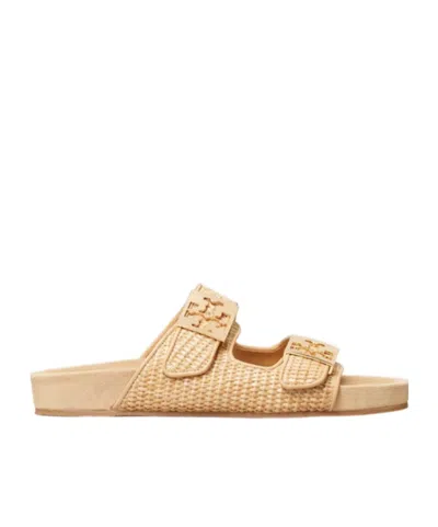 Tory Burch Mellow Logo-embellished Raffia And Leather Sandals In Brown