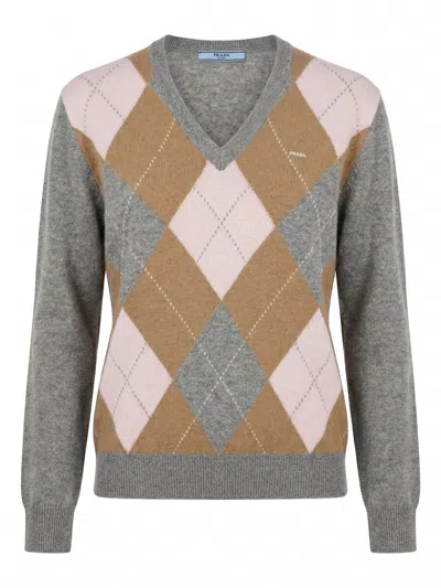 Prada Argyle-pattern V-neck Cashmere Sweater In Gray