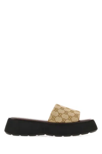 Gucci Platform Slide Sandal Canvas Upper Logo In Beige