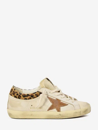 Golden Goose Super-star Sneakers In Suede With Worn Effect And Leopard Print Hairy Cow In White