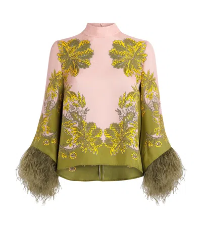 La Doublej Make An Exit Feather-trimmed Silk Twill Top In Multi