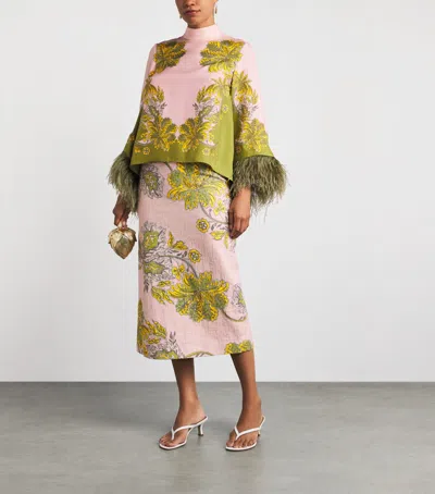 La Doublej Make An Exit Feather-trimmed Silk Twill Top In Multi